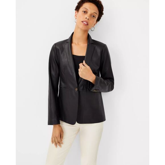 ANN TAYLOR Hutton Faux Leather Blazer Black Sz 10 {O3} - Picture 1 of 7